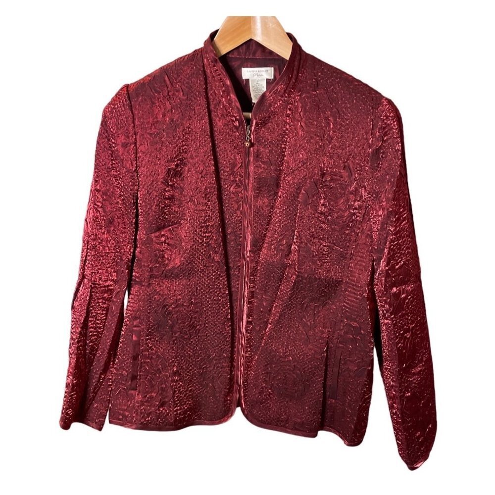 Laura Ashley Dark Red Crinkle Textured Full Zip Lightweight Jacket Sz LP
